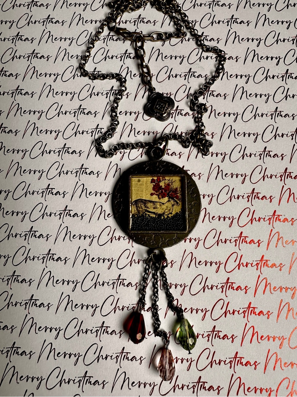 Antique Silver Christmas Reindeer Pendant Necklace with Colored Glass Drops